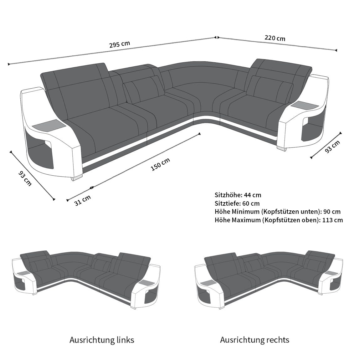 Ecksofa Genua L-Form in Leder rot-schwarz