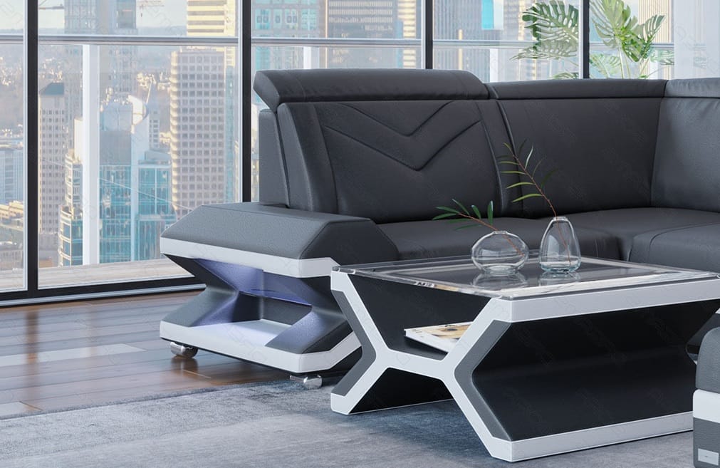 Mini Sofa Napoli U-Form in Leder Grau-Weiß