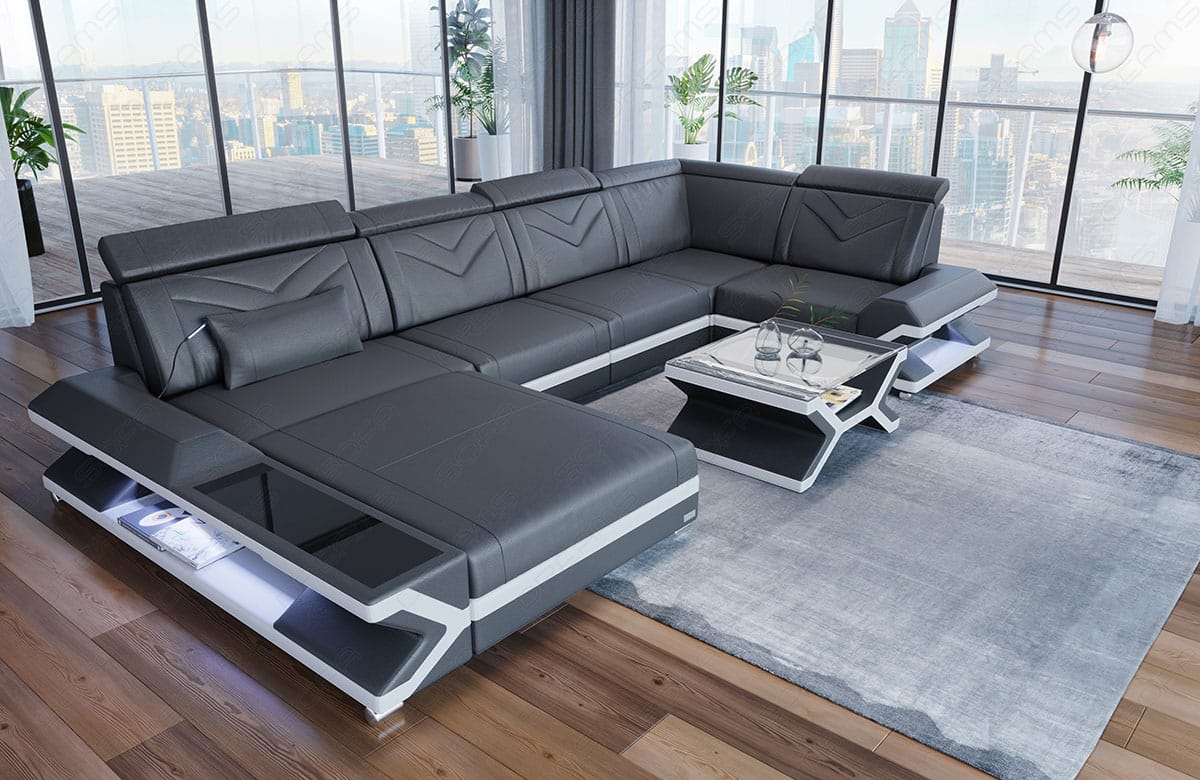 Designsofa Napoli Eleganz Pur U-Form aus Leder grau-weiß