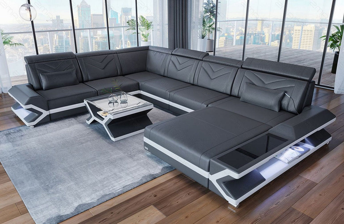 Mini Wohnlandschaft Napoli XXL U-Form in Leder Grau-Weiß