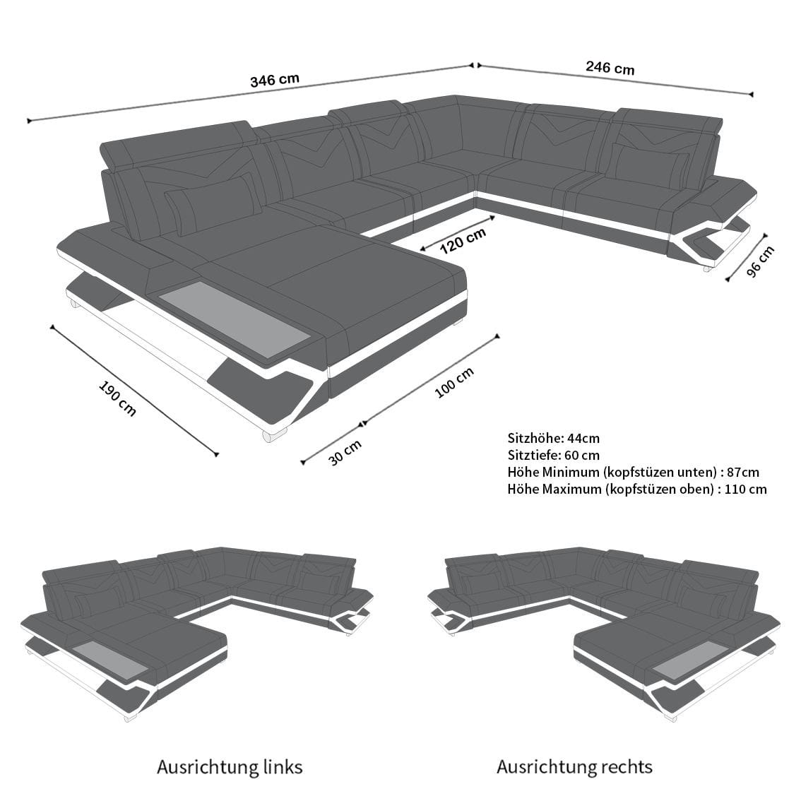 Mini Wohnlandschaft Napoli XXL U-Form in Leder Grau-Weiß
