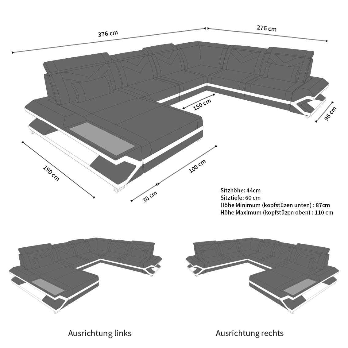 Wohnlandschaft Napoli XXL U-Form in Leder rot-schwarz