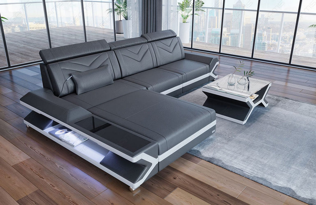 Ecksofa Napoli L-Form aus Leder grau-weiß