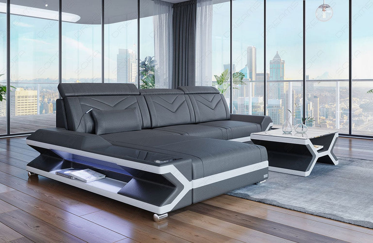 Ecksofa Napoli L-Form aus Leder grau-weiß