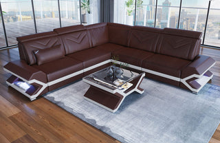 Mini Couch Sorrento L-Form in Leder Dunkelbraun-Weiß