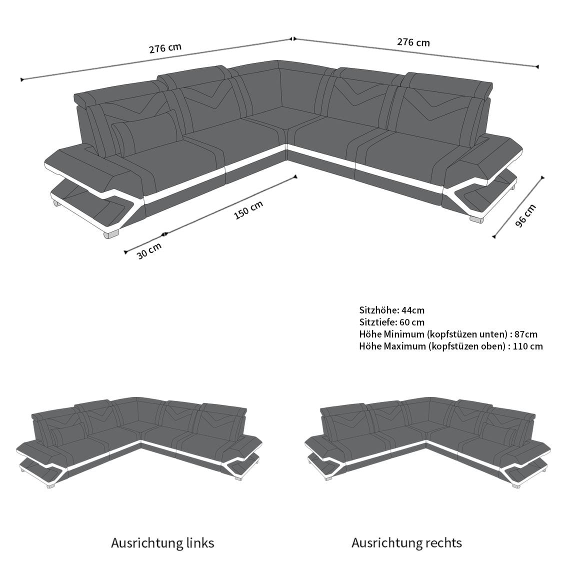 Ecksofa Sorrento L-Form aus Leder dunkelbraun-weiß