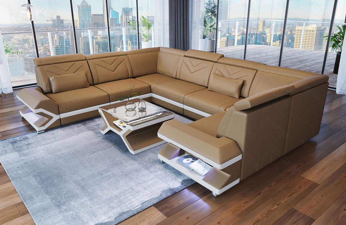 Mini Sofa Sorrento U-Form aus Leder Sandbeige-Weiß