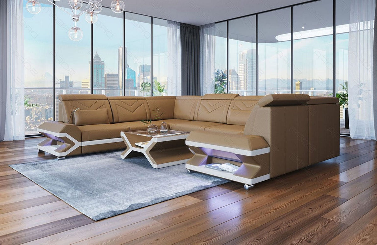 Designsofa Sorrento U-Form aus Leder sandbeige-weiß