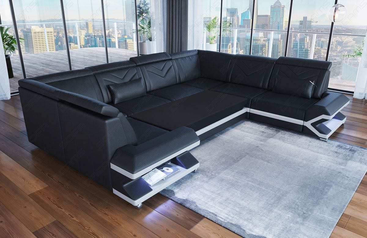 Designsofa Sorrento U-Form aus Leder sandbeige-weiß