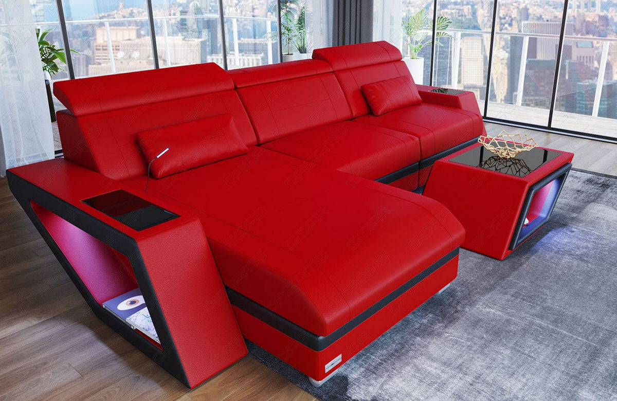 Mini Ecksofa Catania L-Form aus Leder Rot-Schwarz