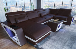 Leder Couch Catania U-Form dunkelbraun-weiß