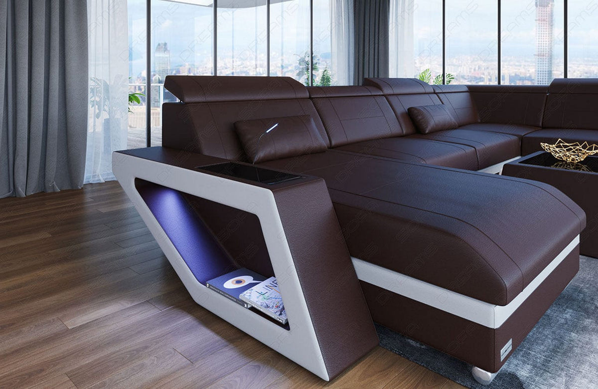 Leder Couch Catania U-Form dunkelbraun-weiß