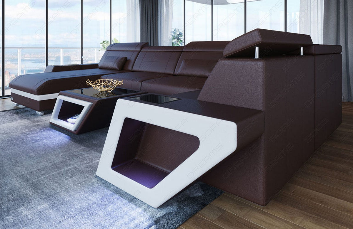 Leder Couch Catania U-Form dunkelbraun-weiß