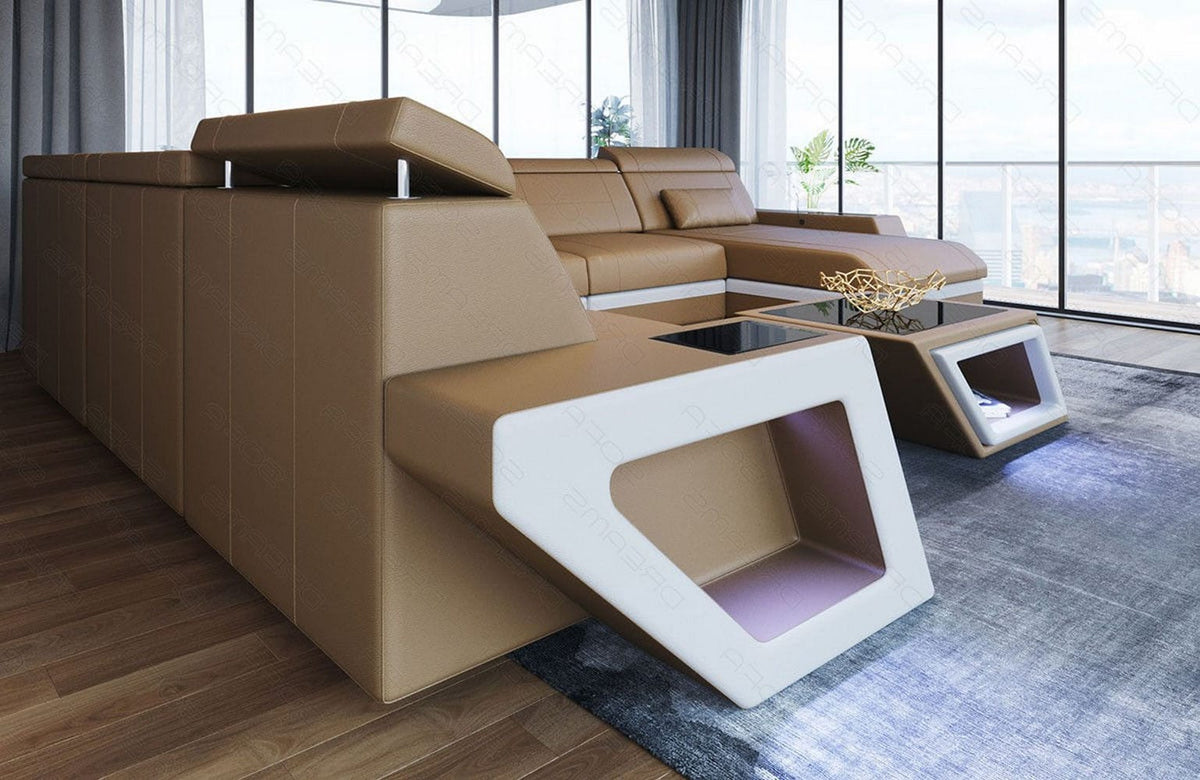 Mini XXL Wohnlandschaft Catania U-Form in Leder Sandbeige-Weiß