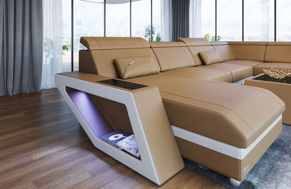 XXL Wohnlandschaft Catania U-Form in Leder sandbeige-weiß