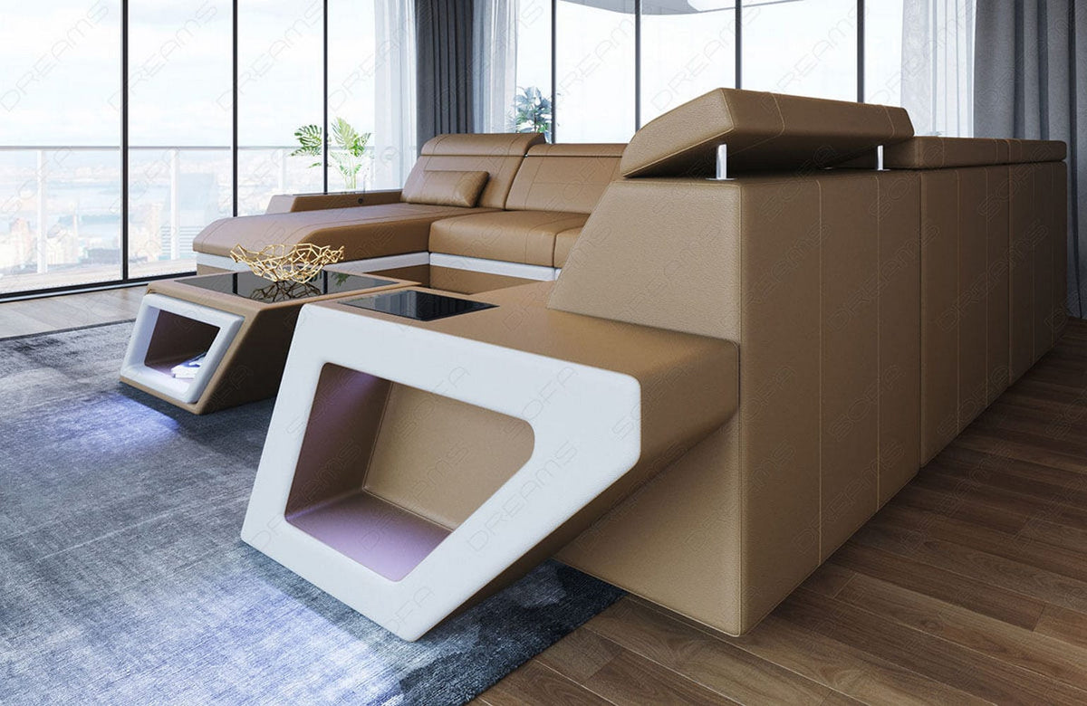 XXL Wohnlandschaft Catania U-Form in Leder sandbeige-weiß