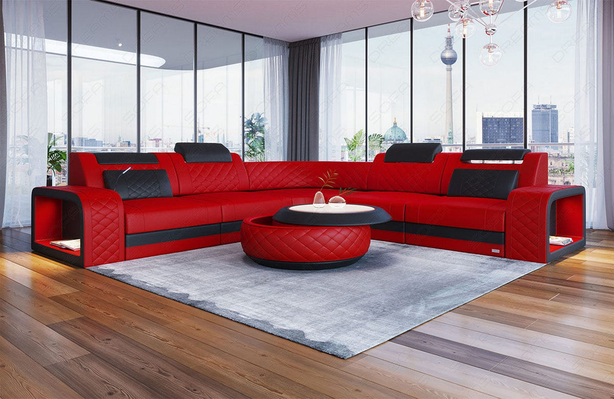 Mini Couch Foggia L-Form in Leder Rot-Schwarz