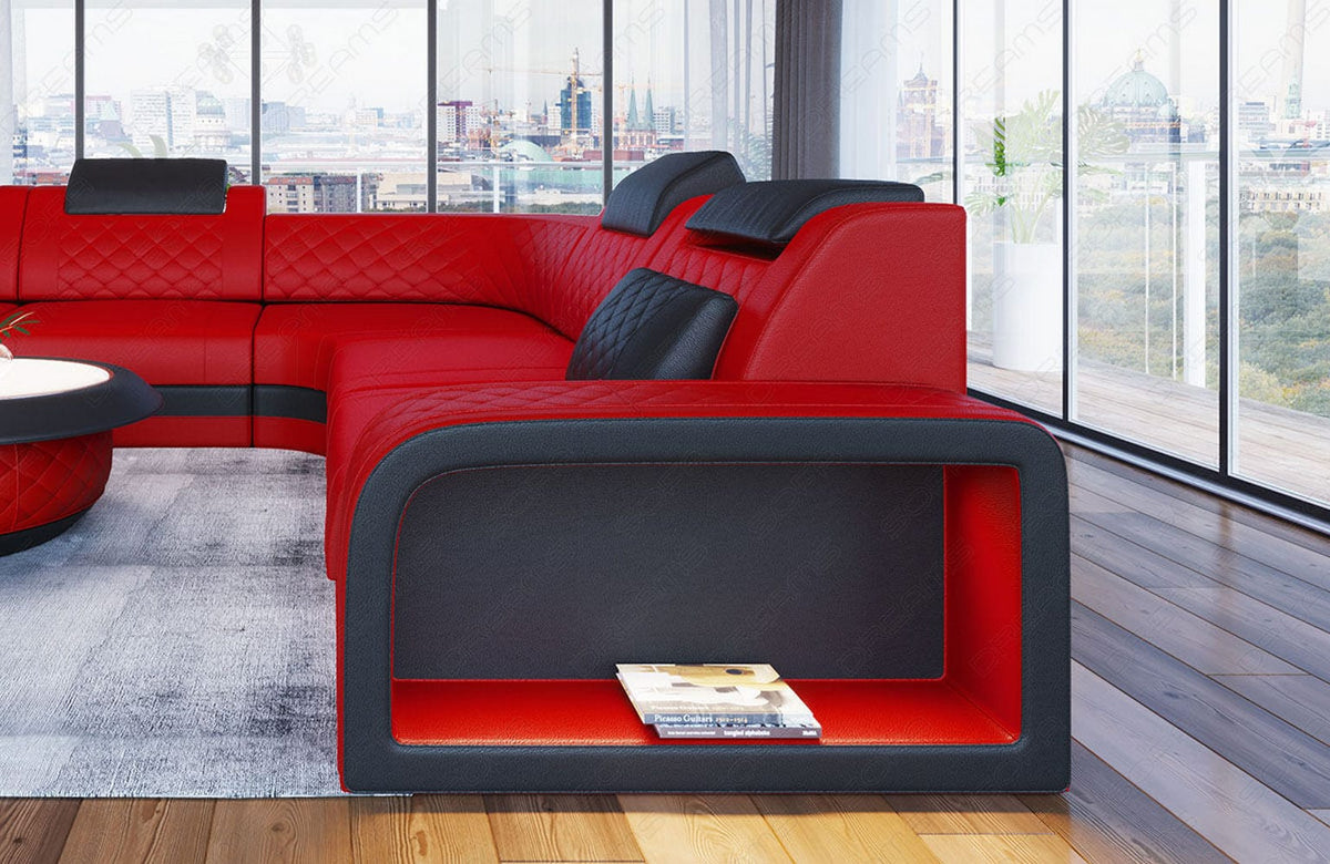 Mini Couch Foggia L-Form in Leder Rot-Schwarz