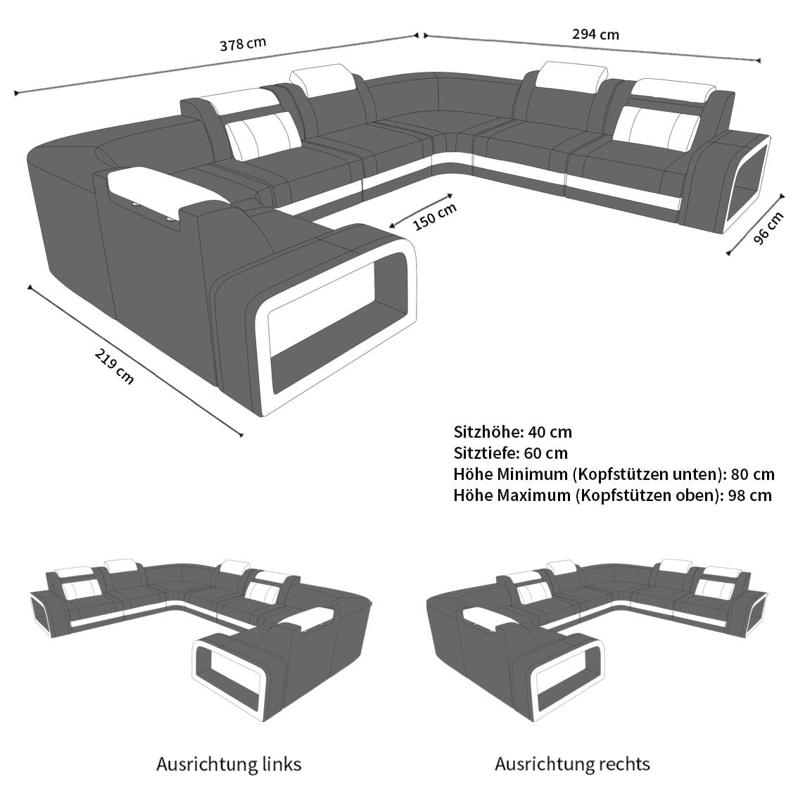 Designsofa Foggia U-Form aus Leder pink-schwarz