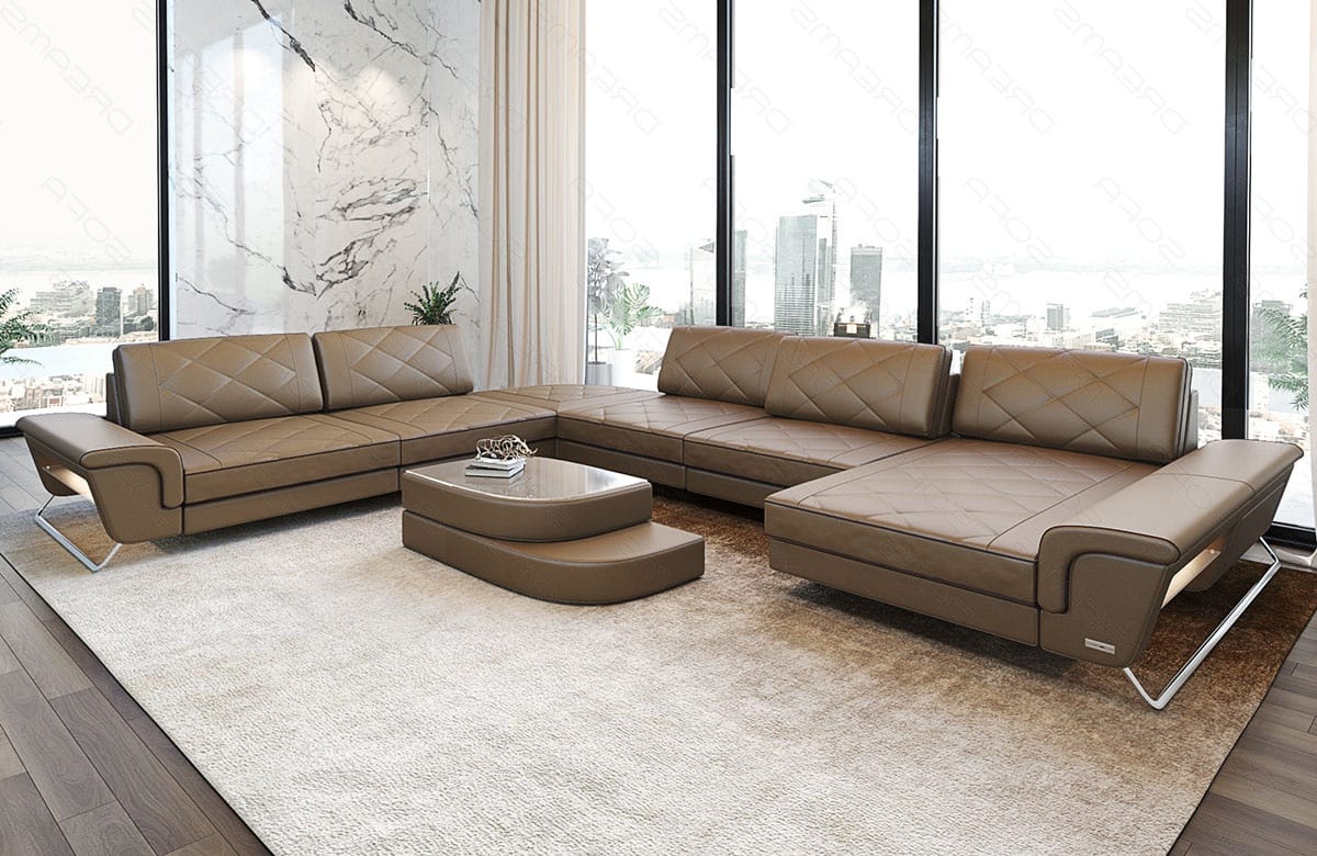 XXL Wohnlandschaft Bari Pur U-Form aus Leder sandbeige-dunkelbraun