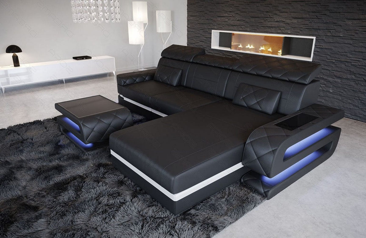 Mini Couch Bologna L-Form in Leder Schwarz-Weiß