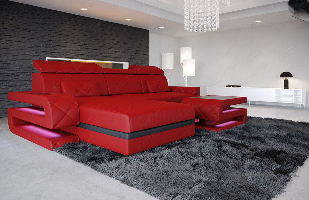 Couch Bologna L-Form in Leder rot-schwarz