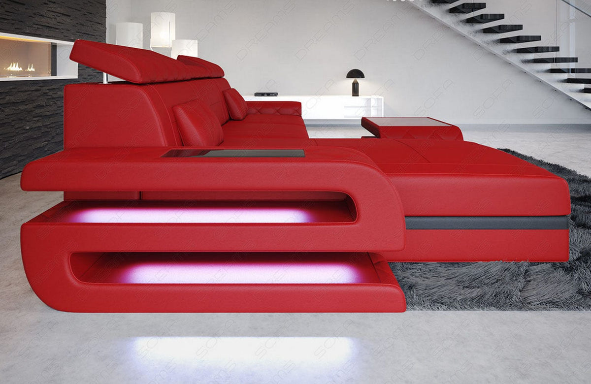 Couch Bologna L-Form in Leder rot-schwarz