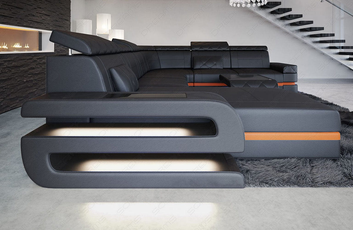 Wohnlandschaft Bologna Luxurios XXL U-Form in Leder schwarz-orange