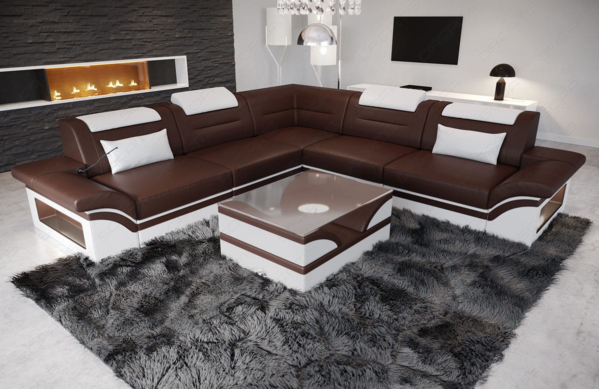 Mini Ecksofa Brianza L-Form aus Leder Dunkelbraun-Weiß