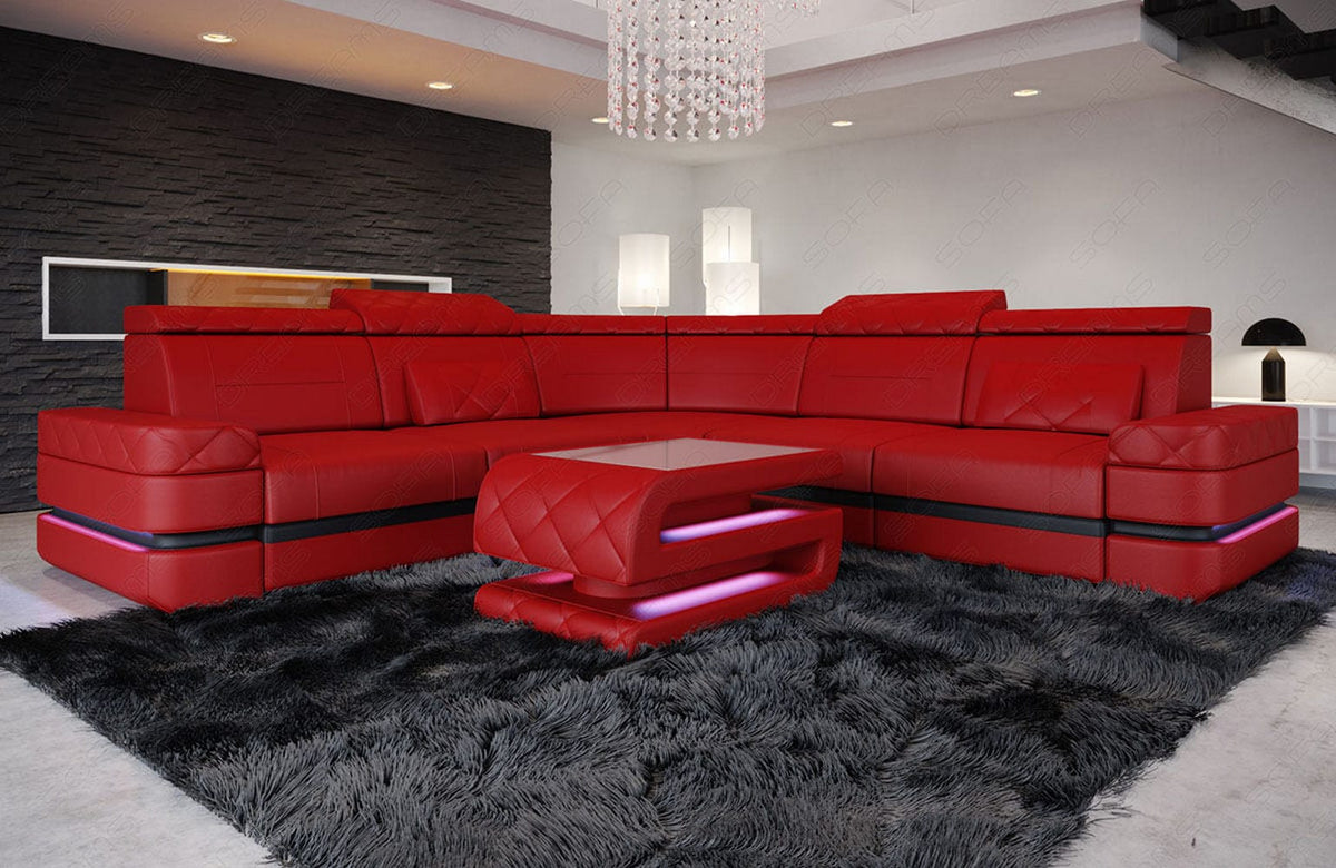 Mini Couch Positano L-Form in Leder Rot-Schwarz