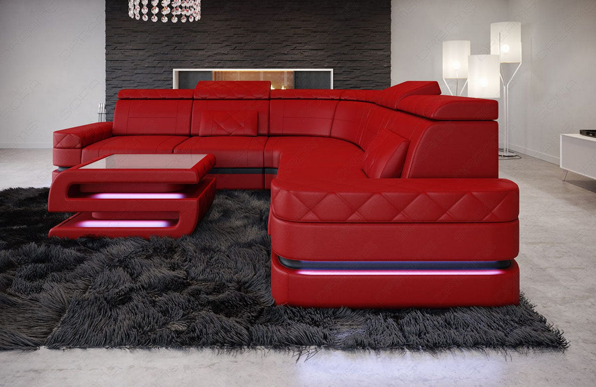 Mini Couch Positano L-Form in Leder Rot-Schwarz