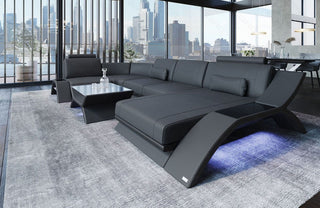 Designsofa Calabria U-Form aus Leder grau-schwarz