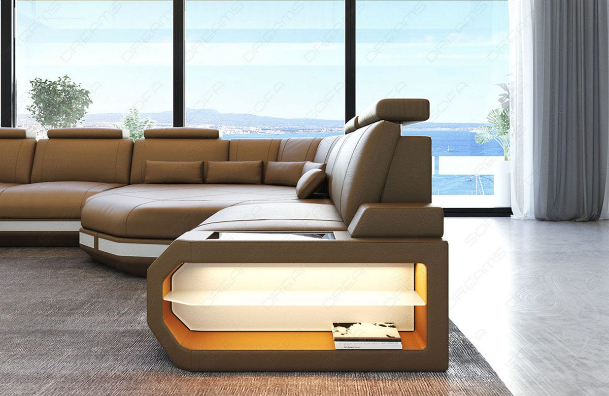 Couch Asti L-Form in Leder sandbeige-weiß