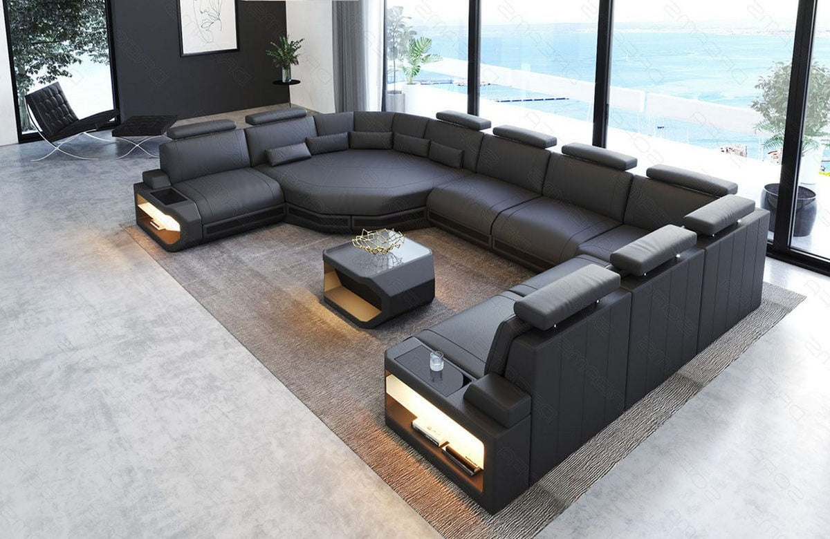 Sofa Asti U-Form in Leder grau-schwarz