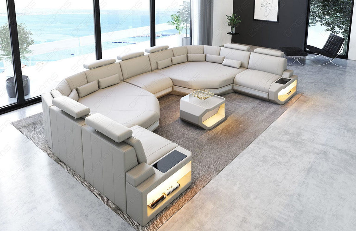 XXL Wohnlandschaft Asti U-Form in Leder beige-weiß