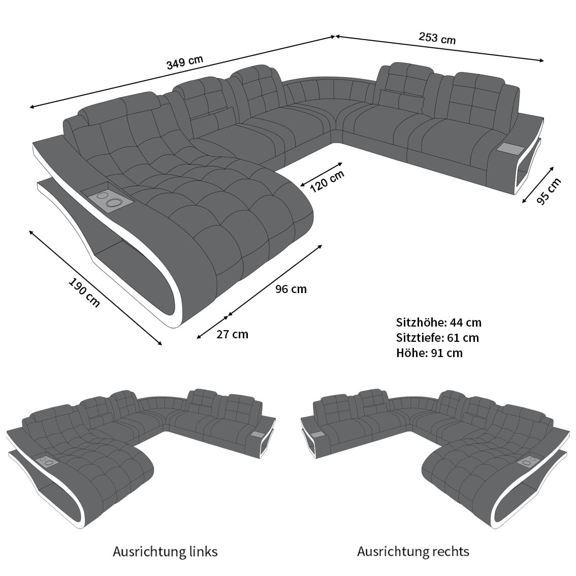Mini Leder Wohnlandschaft Elegante XXL U-Form Grau-Weiß