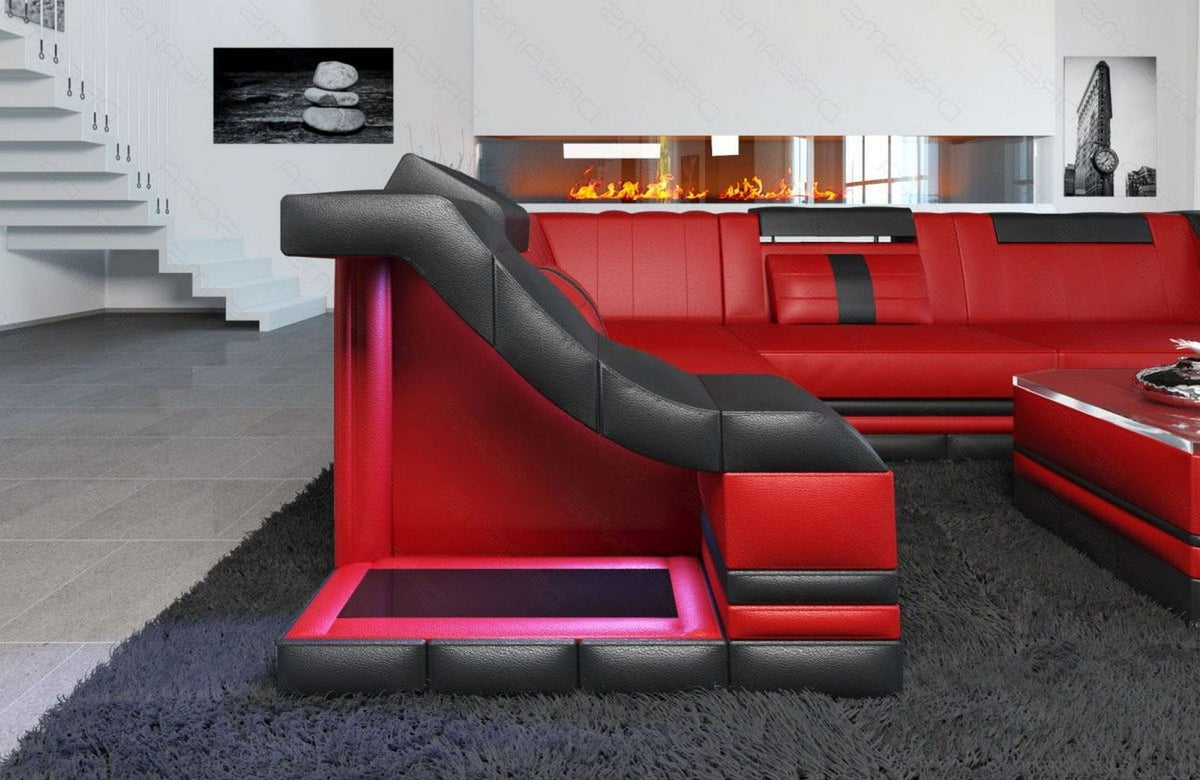 Mini Ecksofa Bianchi L-Form aus Leder Rot-Schwarz