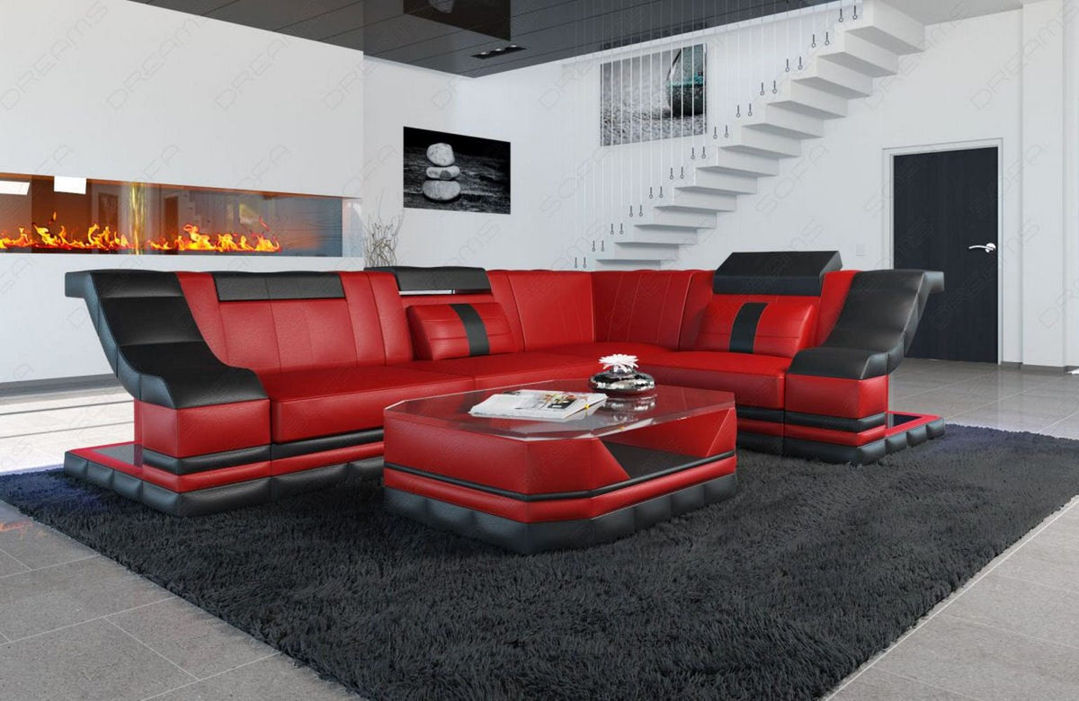 Couch Bianchi L-Form in Leder rot-schwarz