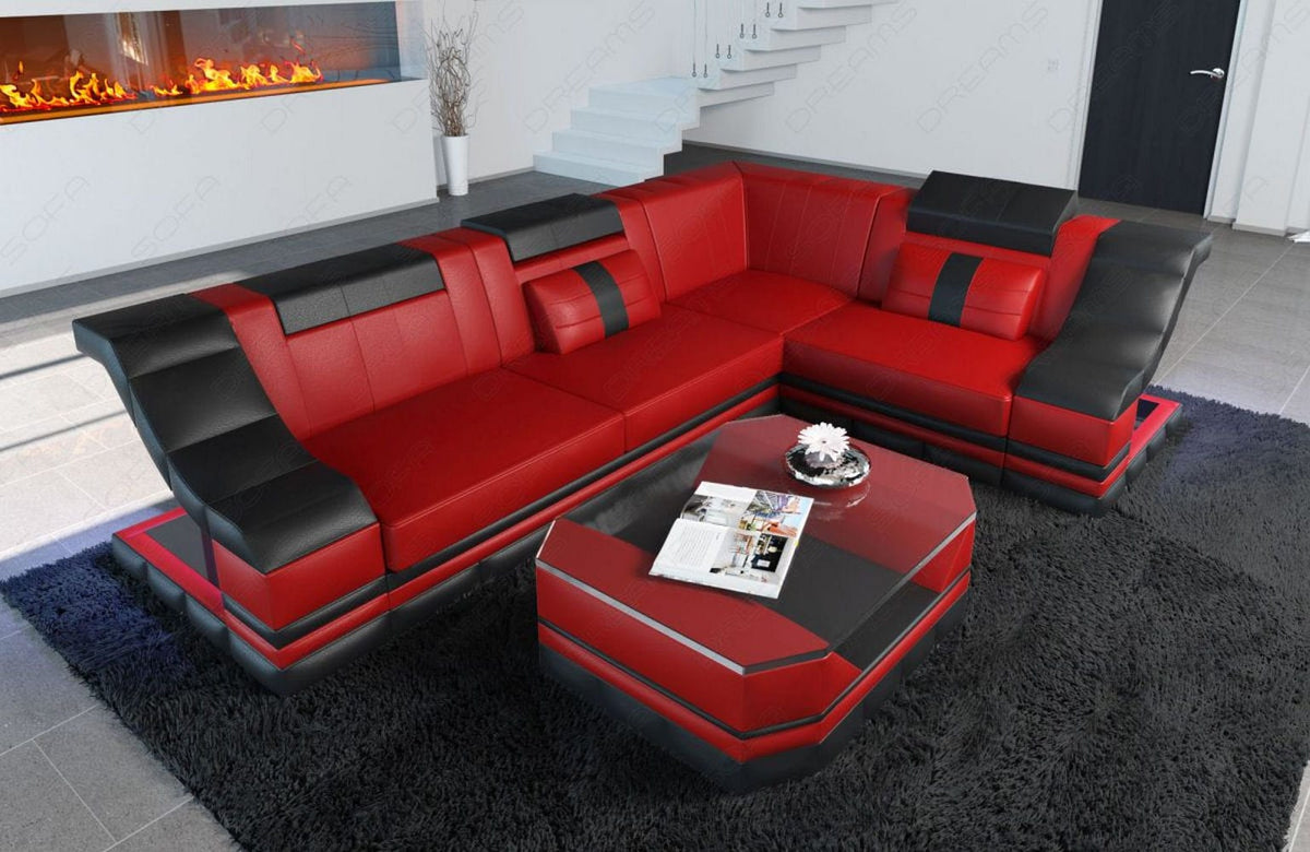 Couch Bianchi L-Form in Leder rot-schwarz