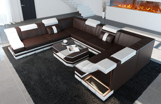 Sofa Bianchi Pur U-Form in Leder dunkelbraun-weiß