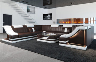 Sofa Bianchi Pur U-Form in Leder dunkelbraun-weiß