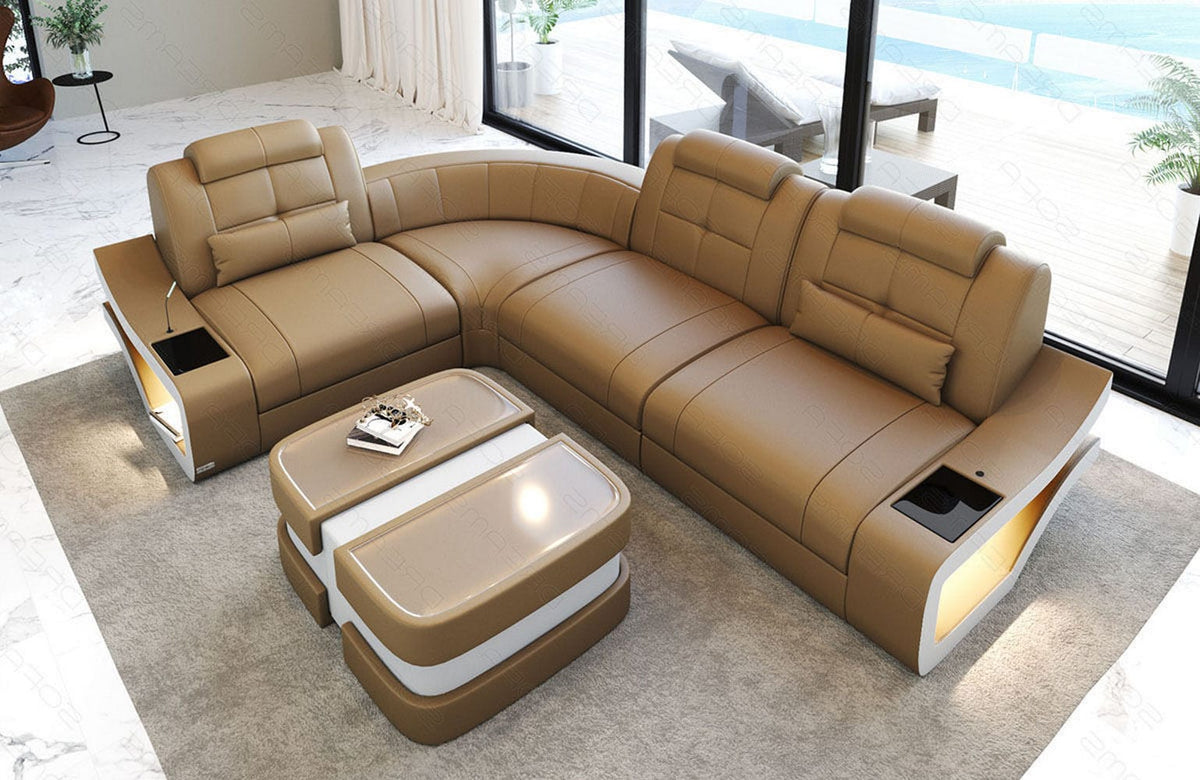 Ecksofa Elena Eleganz L-Form aus Leder sandbeige-weiß