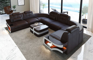 Sofa Elena Eleganz U-Form in Leder dunkelbraun-weiß