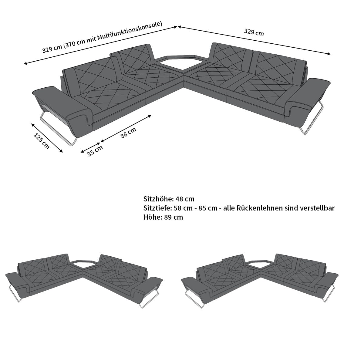 Couch Sepino L-Form in Leder weiß-schwarz