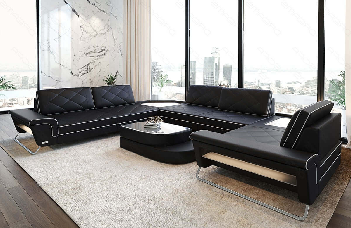 Leder Couch Sepino U-Form schwarz-weiß