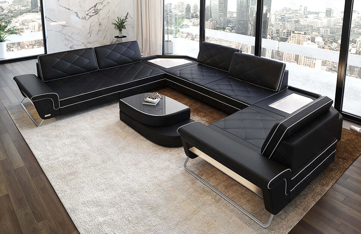 Leder Couch Sepino U-Form schwarz-weiß