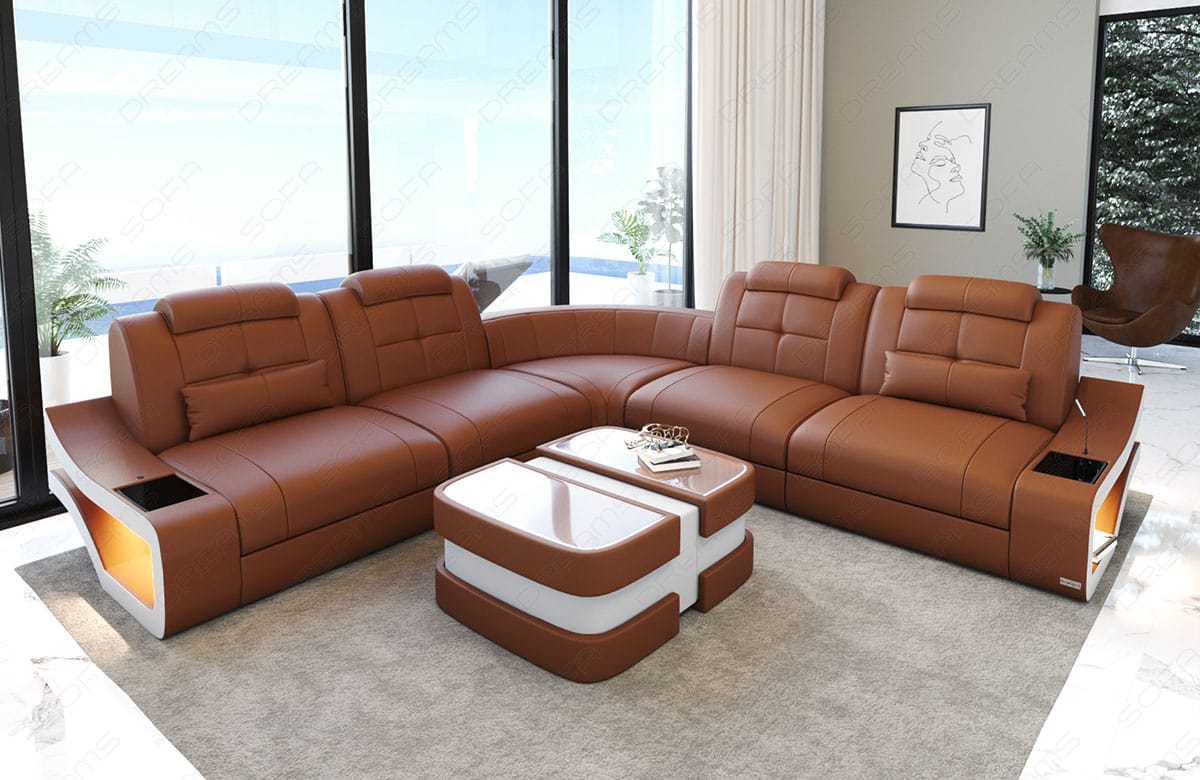 Mini Ecksofa Elena L-Form in Leder Hellbraun-Weiss
