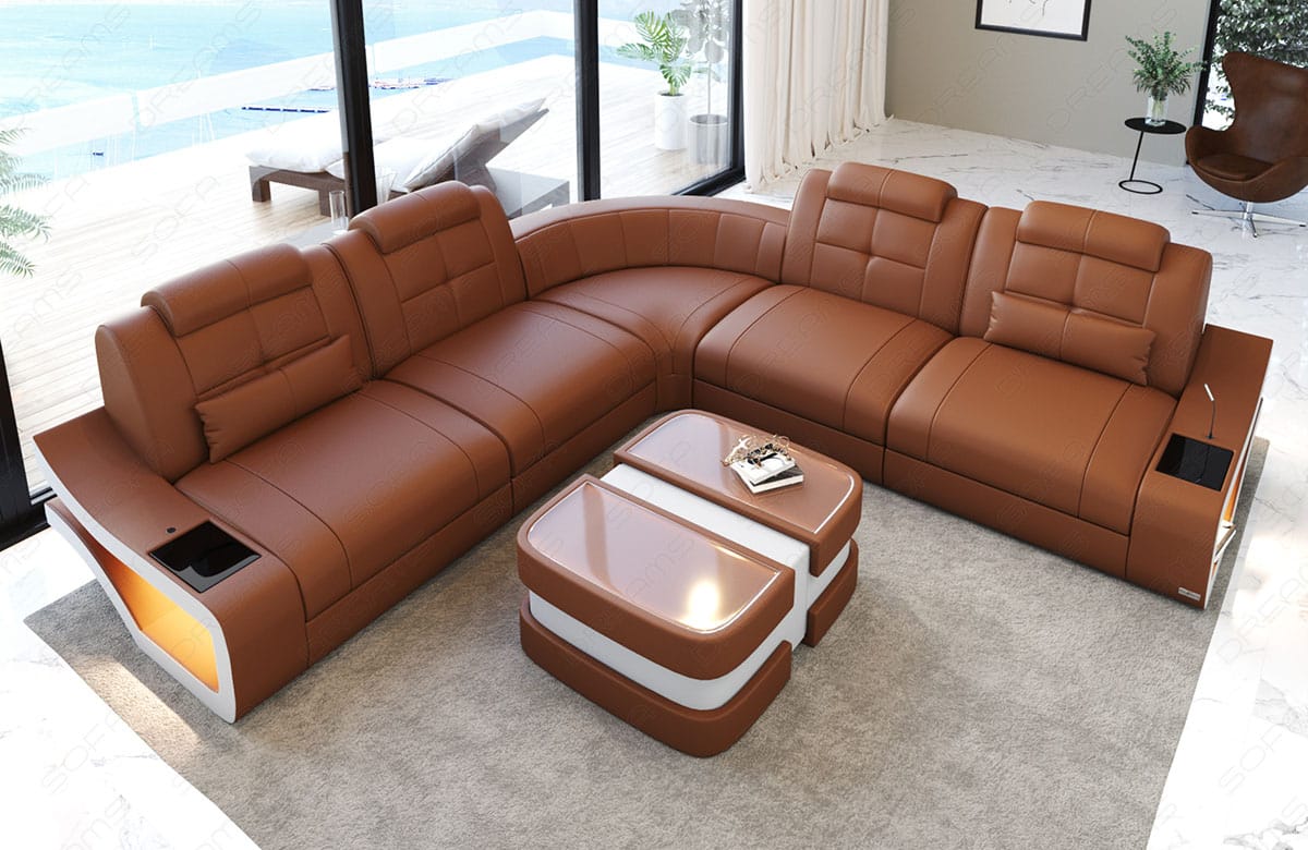Mini Ecksofa Elena L-Form in Leder Hellbraun-Weiss