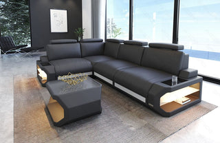 Couch Siena L-Form in Leder grau-weiß
