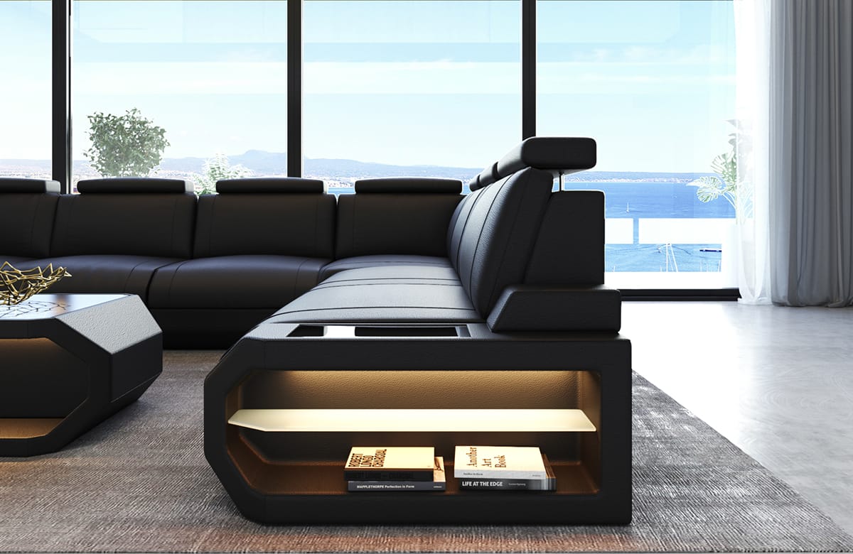 Designsofa Siena U-Form aus Leder schwarz